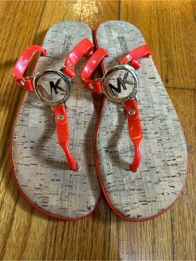 Michael Kors MK Logo Charm Jelly Cork Flip Flops Sandals Orange Mandarin Size 8